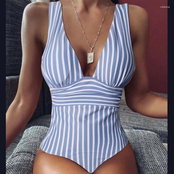 Frauen Badebadanzug Strited gedruckt eingestellte Körperanzüge Poly/Spandex V-Neck Monokini Badeanzug für Mädchen