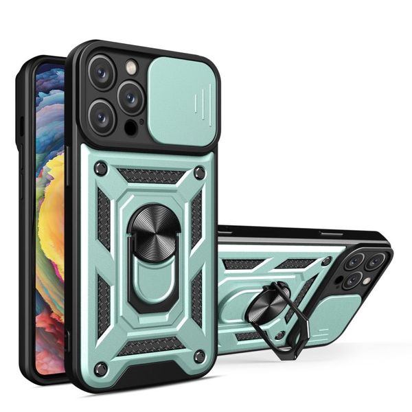 Design per diapositiva per lenti Armatura a prova di scossa Custodia per kickstand per iPhone 15 14 13 12 11 Pro Max Mini Auto Porta del telefono Cover Anti-Shock e Anti Falling