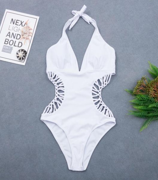 2020 sexy weiße Neckholder ausschneiden Verband Trikini Schwimmanzug Monokini Push Up Brasilianer Badebekleidung Frauen ein Stück Badeanzug T2005016803