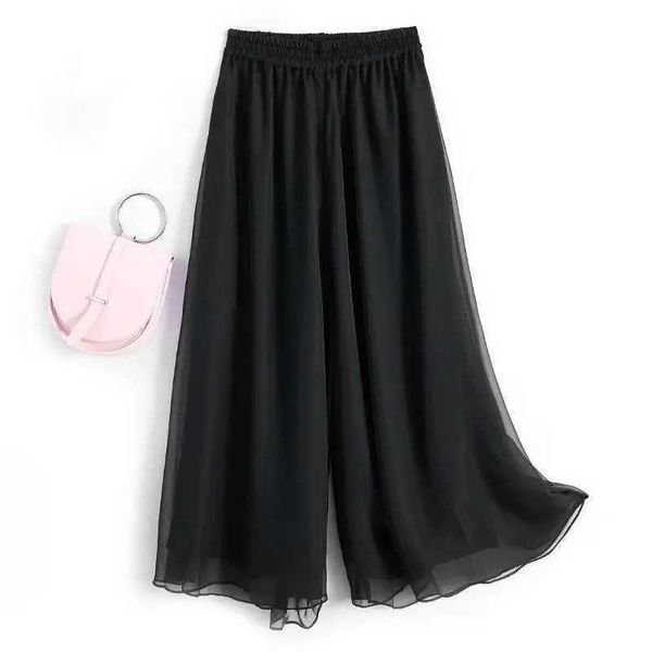 Frauenhose Capris Fashion Frau lässig Chiffon Weitbein Hosen große Größe loser weißer elastischer Band hohe Taille Frauen in Übergröße Hosen Y240509