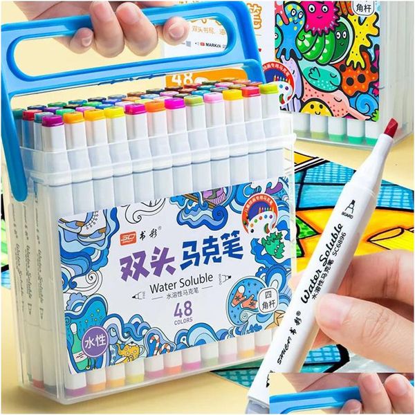 Highlighters Großhandel Kid Doppelköpfige Waschmaschinenstift 12-48 Farben Childrens Aquarell Art Iti D Fine Arts Safety Wide Nib Tipp OT3JC