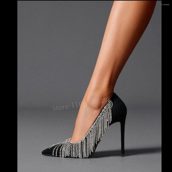 Sandálias elegantes mulher sexy de cristal franja bling diamante estiletto tampa rasa saltos de veludo preto vestido nobre sandália