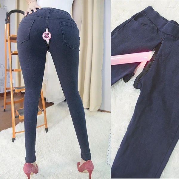 Frauen Jeans im Freien Sexhosen Kleidung Leggings Offener Schritt Doppel Reißverschluss Skinny Jeanshose hohe Taille sexy exotische Kostüme