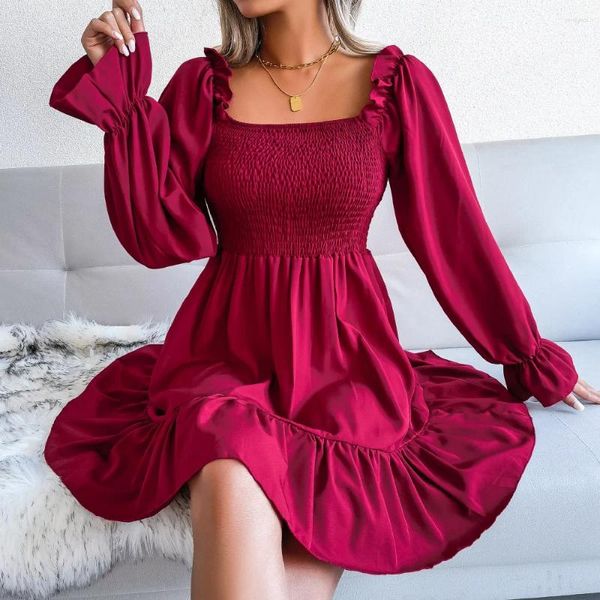 Moda de moda de moda de manga longa da primavera e outono Salia quadrada vestido de cor travessa sólida feminina Bohemian Beach