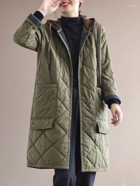 Damenjacken für Frauen 2024 Midi Länge Winter Stiftmantel mit Kapuzepatpaie gerade aus Baumwollkleidung Eleganz koreanische Mode