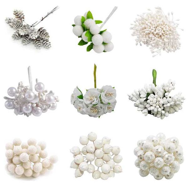 Fiori decorativi ghirlande bianche tema bianco fiore artificiale fiore di ciliegio bacche di stame bundle decorazione natalizia fai -da -te diga