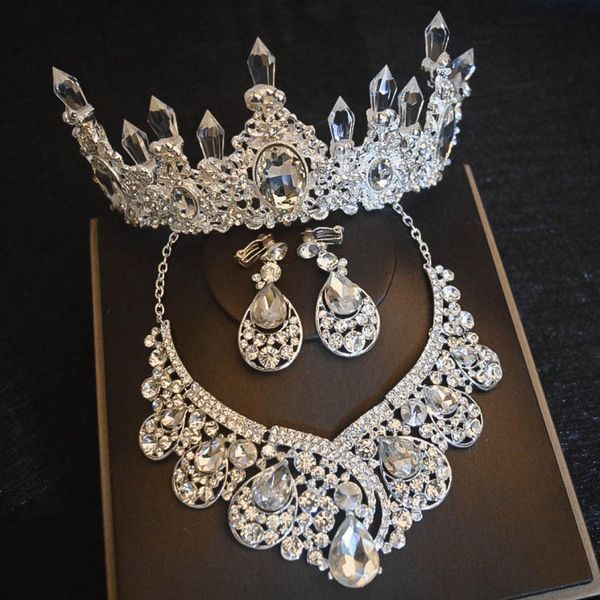 Luxo Big Rhinestone Jewelry Conjuntos de jóias de prata Coroa de cristal Tiaras Brincos de colar para acessórios para cabelos na noiva9896635