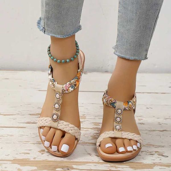 Sandals Shoes for Women 2023 Moda Elastic Band Summer Summer Hot Sale Hot Crystal Crystal Round Toe Flat Zapatos Mujer H240509