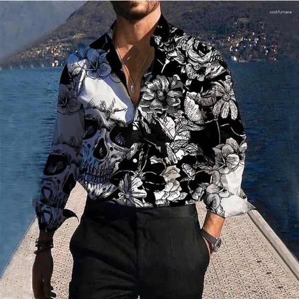 Camicie da uomo 2024 camicia a maniche lunghe teschio floreale abito da festa bottone a tappeto geometrico oro chiaro modello morbido comodo abbigliamento