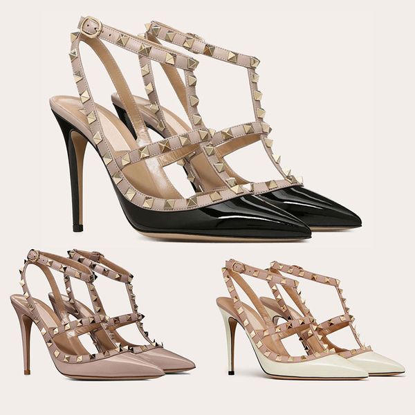 Rockstud -speicherte Schuhe Frauen Sandalen High Heels Patent Leder klassische Marke Sandalen 10 cm Slim Sexy High Heels Hochzeit Oran Schuhe