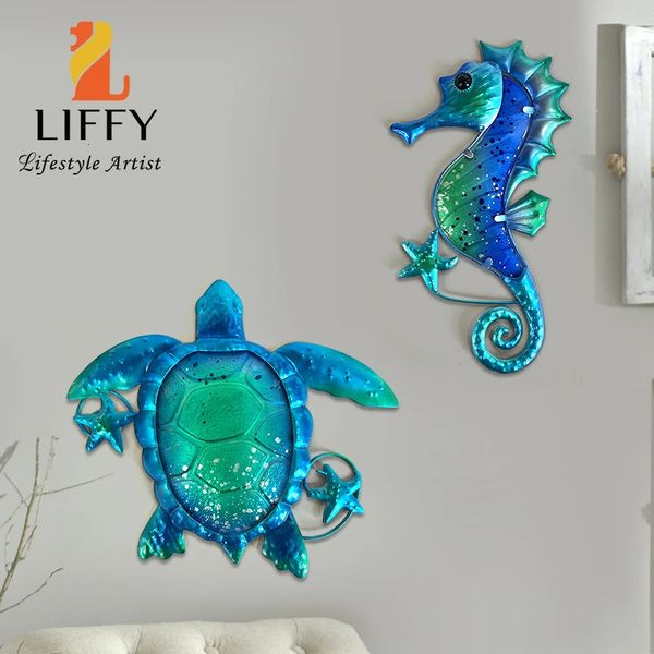 Metal Blue Turtle Seahorse com arte de parede de vidro para casa Decorativa Ocean Tema Estátua da piscina do banheiro da sala de estar 240508