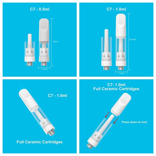 Vollkeramische Vapes C7 -Patronen weiß 0,5 ml 1,0 ml Blei kostenlos Kinderproof Push Top rein alle Keramik 510 Gewinde Tanks leer Einwegvolden -Stiftkarren Atomisatoren OEM/ODM -Tank