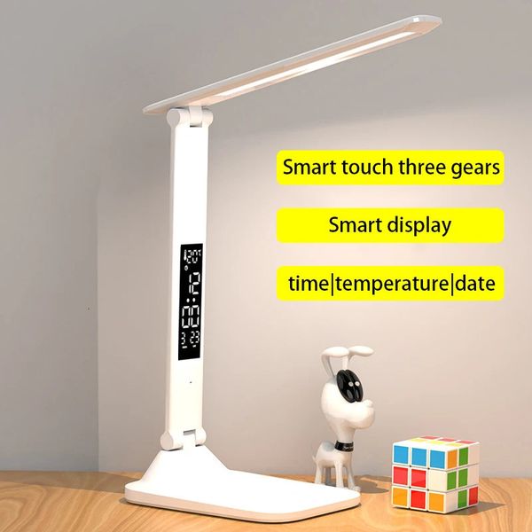 LED -Tischlampe Touch Foldable USB wieder aufgeladen werden mit Wecker Thermometer Dimmbare Nachtlicht für Schreibtischstudien lesen 240508