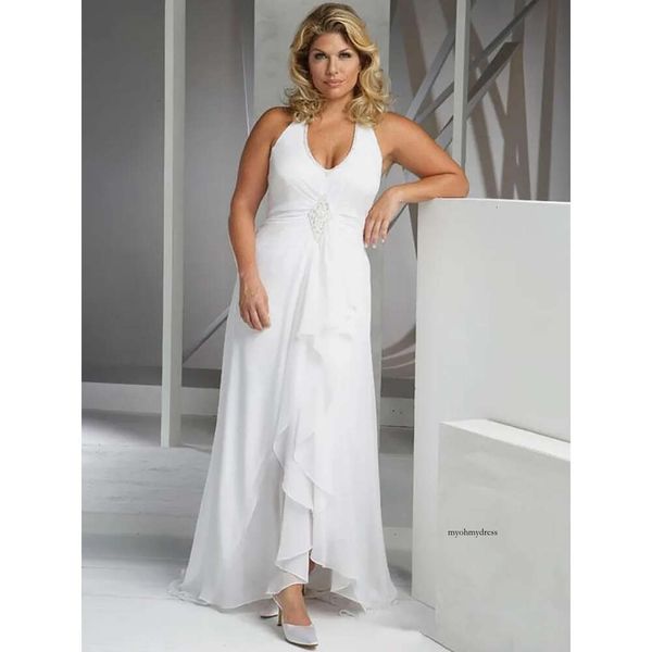 2021 Beach Plus -Size -Kleider billig gegen Nackenhalter -Kleid -Empire Taille Chiffon Hochzeitskleid Asymmetrische Brautkleider Verkauf 0509