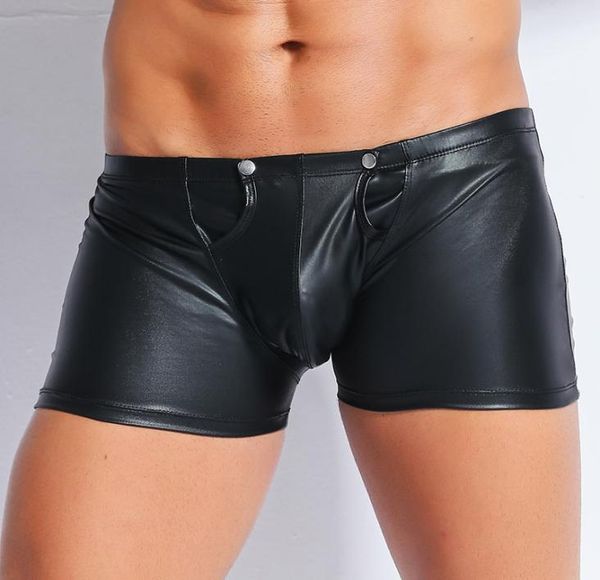 Herren Unterwäsche Boxer sexy Männer schwarze Kunstleder -Dessous -Bühne u konvexer Beutel Reißverschluss Offener Schritt Patent Leder Boxer Shorts Un6886334