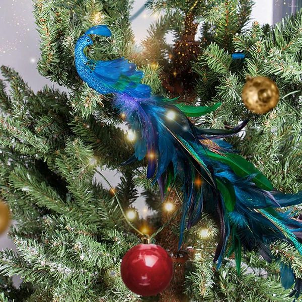 Weihnachtsdekorationen Baum Ornamente Glitzer Vogel Faux Peacock Dekoration Jahr 2024 Navidad Clip auf Türkis für Gartengarten