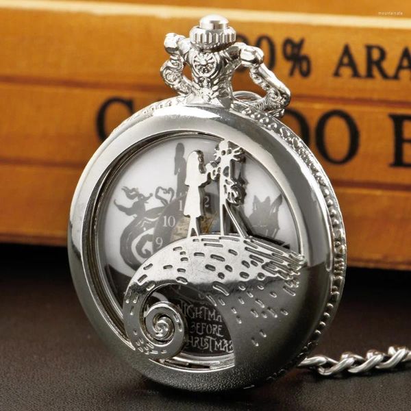 Relógios de bolso steampunk quartzo assistir colar de estojo prateado Halloween masculino e feminino Presente de Natal Casais Pingente Chain Clock