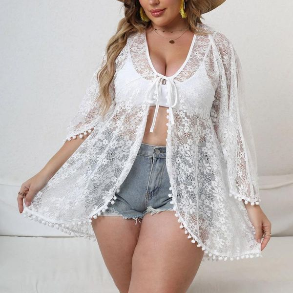 Trendy Knit Lace Tunic-Caver Upps Mulheres Manga longa Tampa de maiô de maiô Solor Bikini Hawaiian Casual Desgaste