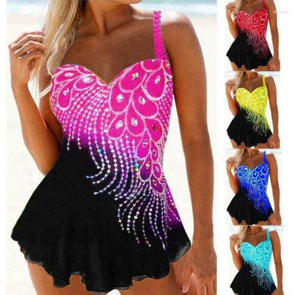 Menas de banho feminina 2024 Summer Diamond Print Bikini Sets Sexy Plus Size Swimsuit Mulheres maiôs de banho de duas peças de duas peças tankni de praia solta