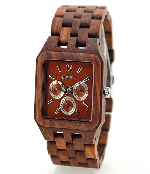 Uomo classico tesa orologio in legno quadrato quadrante Vine elegante sandalo rosso acero da uomo orologio da polso per papà data finestra orologi a catena in legno7855830