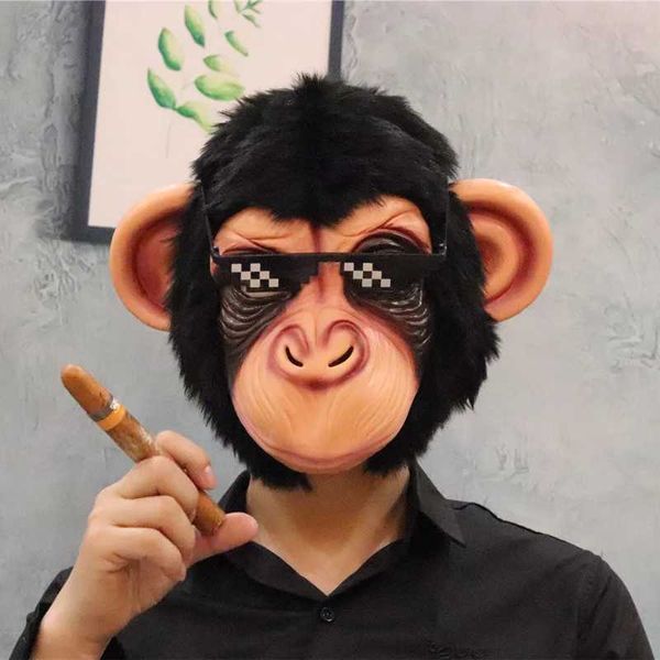 Parti Maskeleri Tam Yüz Gerçek Lateks Göz Siyah Hayvan Kapşı Cadılar Bayramı Karnaval Rolü Happy Chimpanzee Yetişkin Makyaj Giysileri Q240508