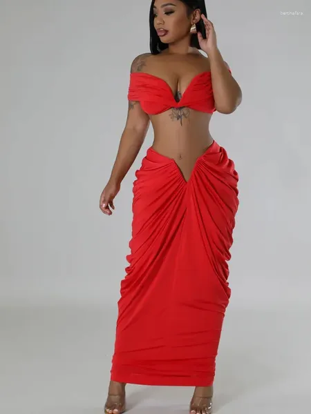 Vestidos de trabalho Red Sexy Corte de duas peças Mulheres cortadas e longa saia ruched Conjunto de combina