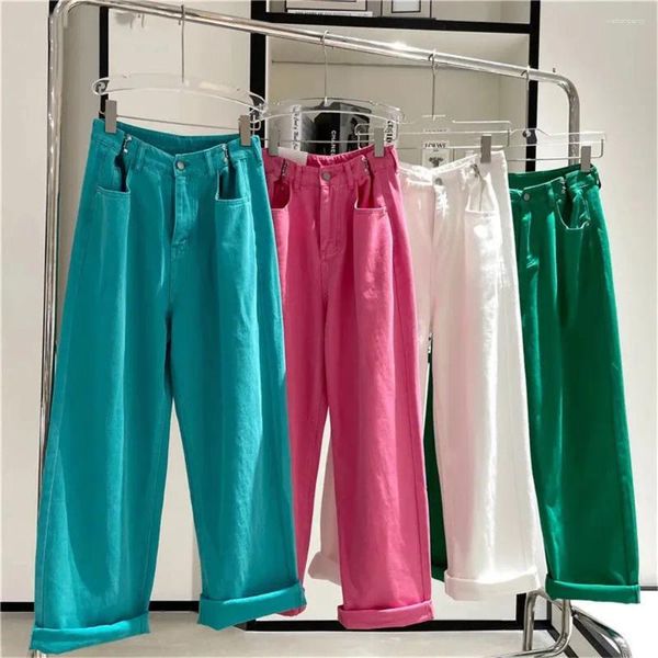 Jeans feminino Candy Color Fashion Women Women Pink Jeants Causteira Ajustável calça reta 2024 Pantalon de perna larga alta da mulher larga