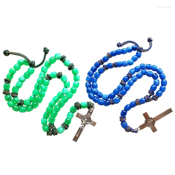 Collane a ciondolo Y1UB perle cattoliche Collana di perline di rosario blu verde santo per amuleto religioso incrociato