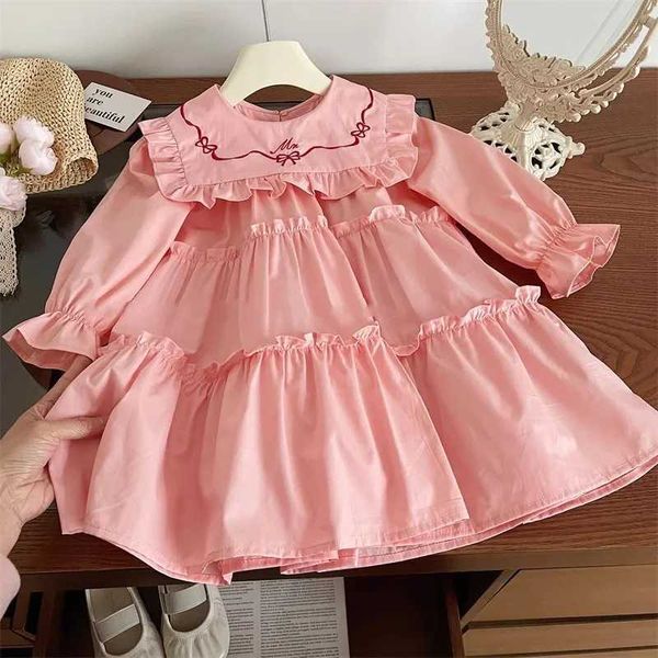 Vestidos de menina vestido de primavera/verão 2024 primavera/verão nova garota coreana menina de manga longa Menina de cor sólida de cor sólida Princess Dressl2405