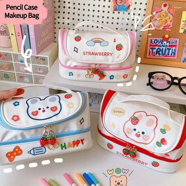 Bolsas de cosméticos Kawaii Lápis Pen Casos de caneta 2 camadas Lápis de alta capacidade da bolsa da bolsa maquiagem fofa bolsas para meninas presentes