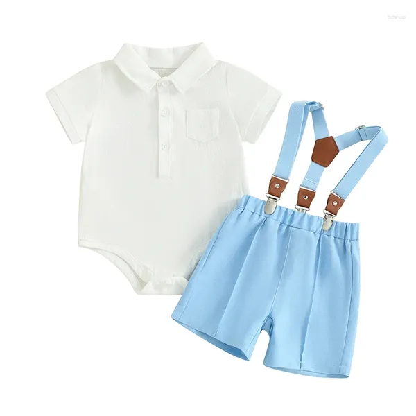 Kleidungssets Pudcoco -Kind Baby 2pc Gentleman Outfit Revers Hals Kurzarmknopf Down Strampler Verstellbarer Hosentäter Shorts Sommer