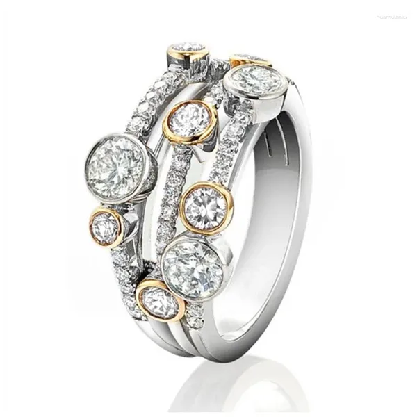 Anelli di nozze Huitan Personality Two Tone Tre Line Donne Full Paved Cz Band scintillanti Bande Modern Fashion Jewelry