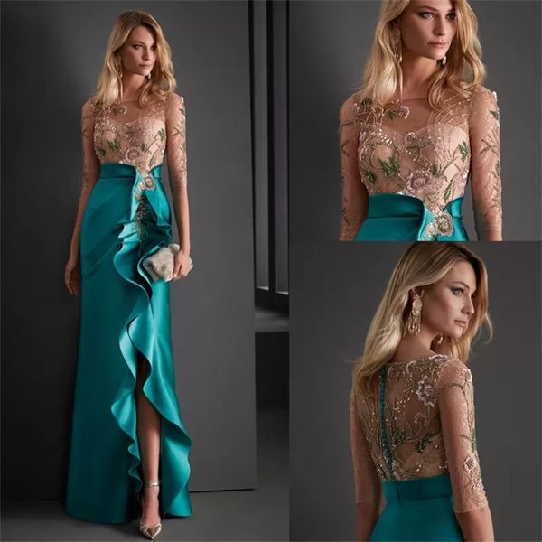 Sexy Abendkleider Kristalle Perlen schiere Nacken halbe Ärmeln Seite geteilte Frauen formelle Promkleider Cocktail Party Kleid Plus Größe Christma 275x