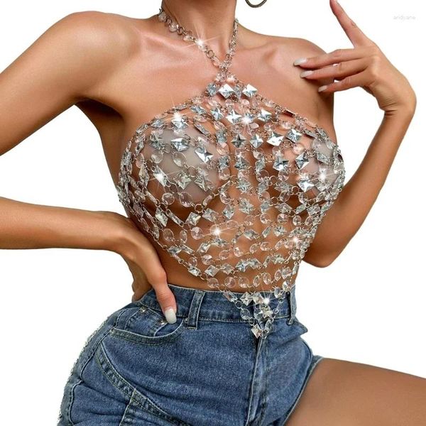 Tank da donna Fashion Crystal Chain Crop Tops Rhinestones Catle Catene Bra Nightclub Body Jewelry Accessori sexy Donne senza schienale