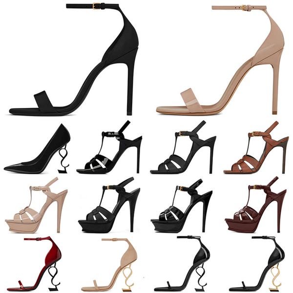 Ysl ﾠ bayan elbise ayakkabıları opyum pompalar stiletto topuk deri açık ayak parmakları 8 10 12 14 cm parti düğün ofis kariyeri siyah çıplak sıcak kırmızı kahverengi lüks tasarımcılar spor ayakkabı