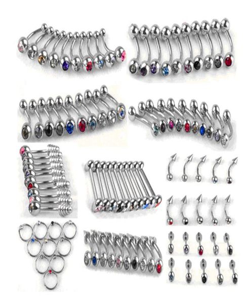 100pcs Conjunto punk aço inoxidável Cristal de aço da barriga sobrancelha de sobrancelha anéis de barra de corpora jóias de piercing 10 estilos acessórios77722212