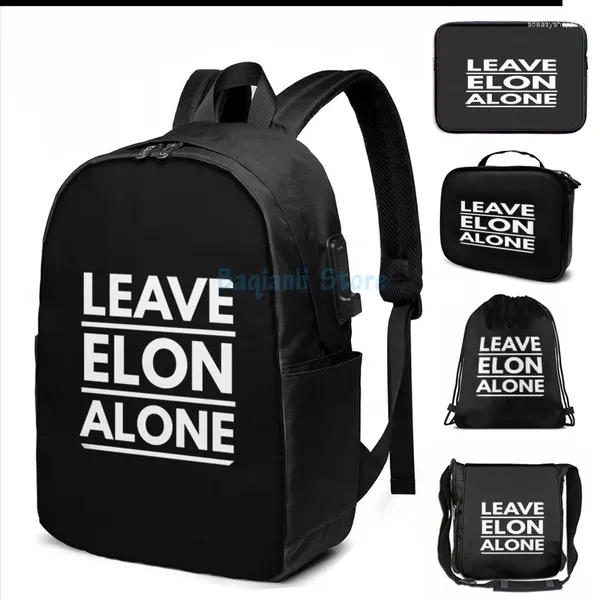 Backpack Funny Graphic Print Leave Elon sozinho Musk Fan Design Gift USB Charge Men Bags Escola Laptop de Viagem para Viagem de Mulheres