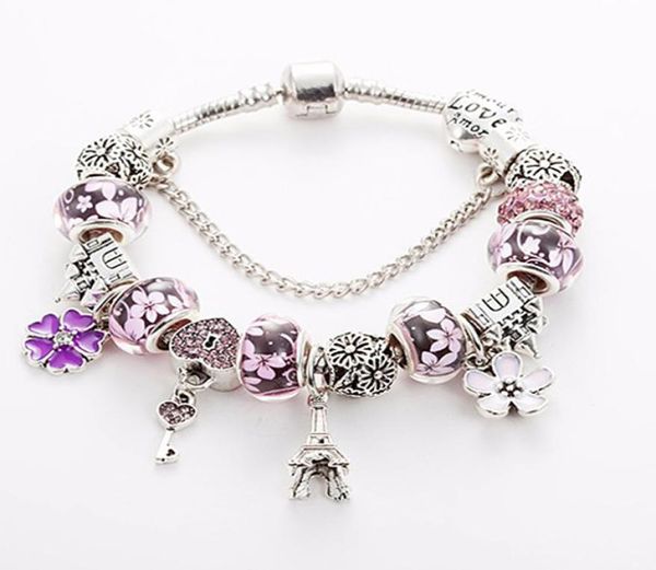 Pulseira de miçangas azul/vermelha/rosa/rosa de vidro para 925 Charm de prata Eiffel Tower Pingente Pinglelet Bangle6393887