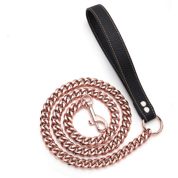 11mm/15mm Roségold -Ton -Ton -Stahl -Kubaner -Link -Ketten -Leine mit Ledergriff Hundekette Leine 3ft/4ft/5ft