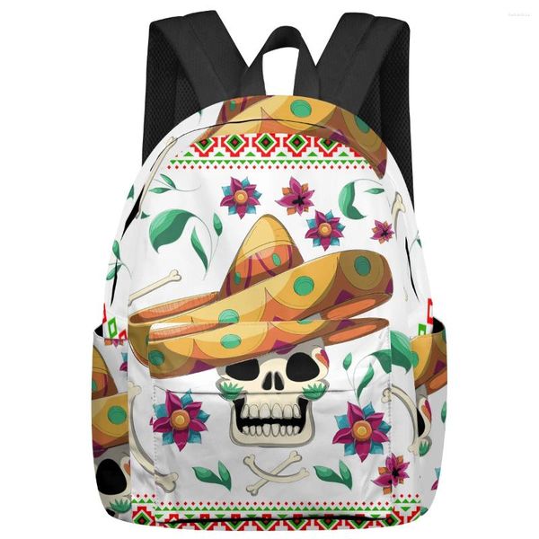 Mochila México Caveira Chaveira Chapéu de Flor Backpacks Mochilas Adolescentes Bolsas de Estudantes Bolsas de Laptop Homens Mulheres Viagem Feminina Mochila