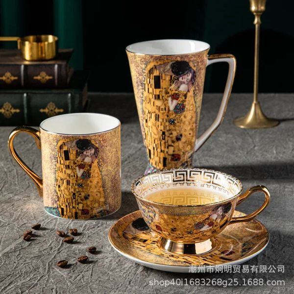 Klimt Kuss Bone China Tassen Kaffeetassen mit Spoon Gustav Klimt Porzellan Hochzeits Geburtstag Geschenke Büro Haushalt Getränke 240508