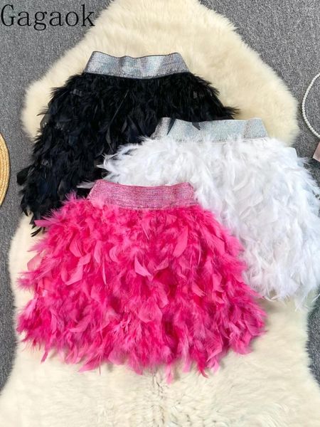 Saias Gagaok Birthday Party Mini for Women Sweet Sweet Feather Patchwork High Woman Woman Salia Outwear Fashion Bottoms