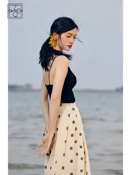 Röcke Ziqiao Leinen Polka Dot Beach Style A-Line Faltenrock für Frauen hohe Taille Vintage mittelgroß