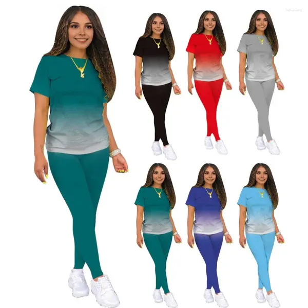 Kadınlar İki Parçalı Pantolon 2 PC/SET Kadın Gradyan Renk T-Shirt Tayt Set Kontrast O boyun kısa kollu üst elastik bel sıska
