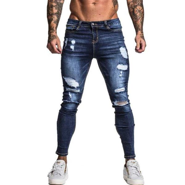Мужские джинсы Gingtto Mens Skinny Etrant Extraint Jeans Thember Blue Hip Hop Super Super Skinny Slim Fit Cott