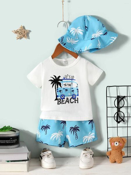 Roupas conjuntos de férias estilos de praia bebê menino define um pescoço redondo de manga curta de camiseta branca calça de coco de coco Chapéu de proteção solar de três peças