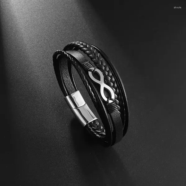 Bracelets de charme Pulseira de aço inoxidável de aço inoxidável elegante sinal de infinito 8 figuras acessórios de logotipo de couro de couro de várias camadas magnético