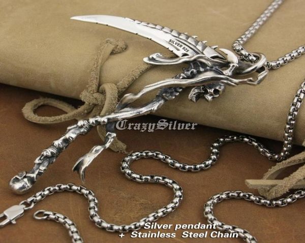 Linsion riesiger 925 Sterling Silber Schädel Schädel Sichel Scythe Biker Anhänger Ta22 Edelstahl Halskette 24 Zoll2184210