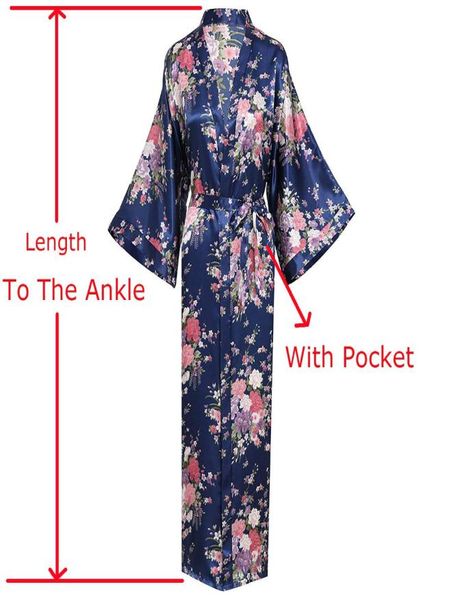 Artı Boyut 3xl lacivert Çiçek Robe Düğün Gelin Nedime Uzun Ev Elbise Yaz Sweetwear Kadın Saten Kimono Batrobe3263875