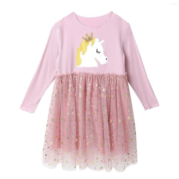 Vestidos de menina dourando as estrelas do vestido para garotas Padrão de cavalo fofo Princesa de manga longa Criança infantil de primavera